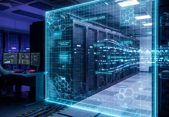 Secure server data room protected by a high-tech translucent holographic firewall shield with data packets being safely validated