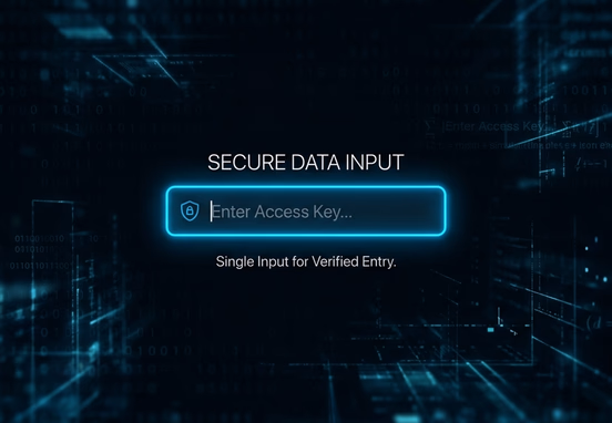 Clean hyper-minimalist web form with a single input field glowing against a dark secure data background