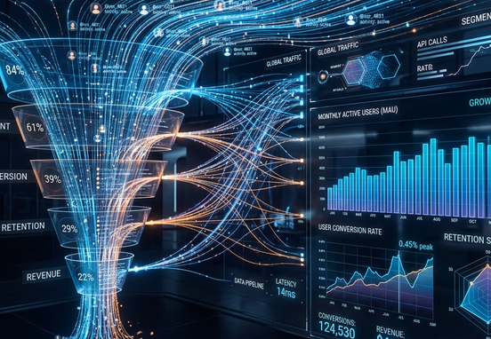Abstract digital matrix displaying glowing user data streams, structured analytics funnels and geometric chart metrics in corporate aesthetic.
