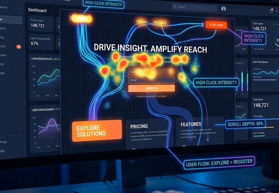 Glowing neon heatmap overlay on sleek website highlighting warm-toned click hotspots and user interaction paths in dark technical design.