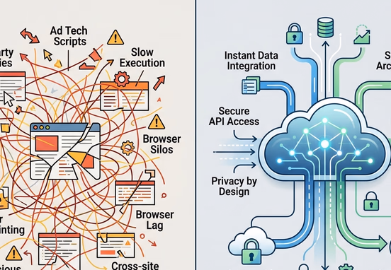 Split layout comparing fragile cluttered browser script tracker to powerful secure cloud server processing data instantly clean minimalist.