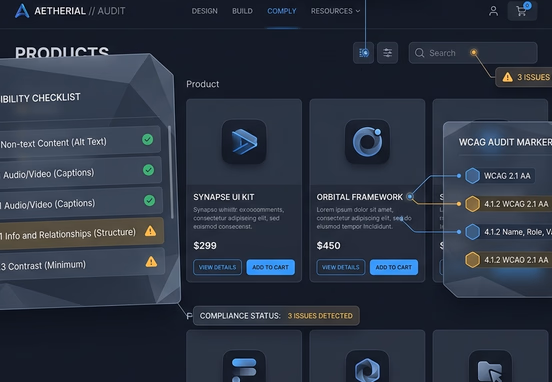 Clean minimalist digital storefront with translucent compliance checklists and WCAG audit markers in dark mode high-end technical design.