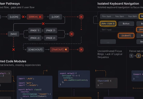 Conceptual digital layout showing broken user pathways, fragmented code modules and isolated keyboard navigation focus indicators minimalist.
