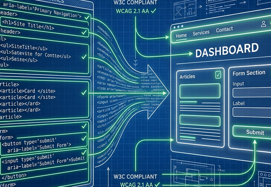 Semantic HTML code blocks transforming to clean accessible interface elements with glowing green validation highlights blueprint style.