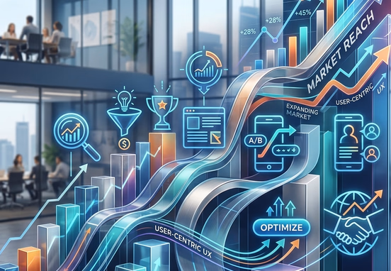 Abstract 3D growth chart interwoven with accessible design iconography showing conversion optimization and expanding market reach corporate.