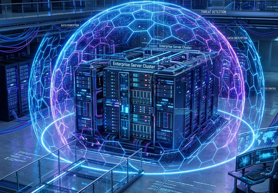 High-tech data center with glowing blue and purple security shields protecting enterprise server cluster in 3D render cybersecurity visualization.