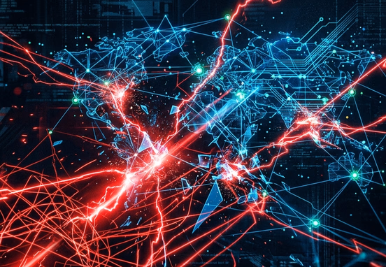 Digital matrix network under attack by glowing red vectors and anomalies representing DDoS security threats in dark cyber aesthetic.