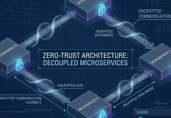 Zero-trust architecture with decoupled microservices secured by glowing neon locks and encrypted data bridges in clean technical layout.