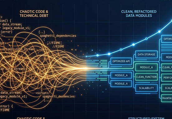 Stylized line graph transforming tangled chaotic code into clean structured data blocks symbolizing technical debt resolution minimalist.