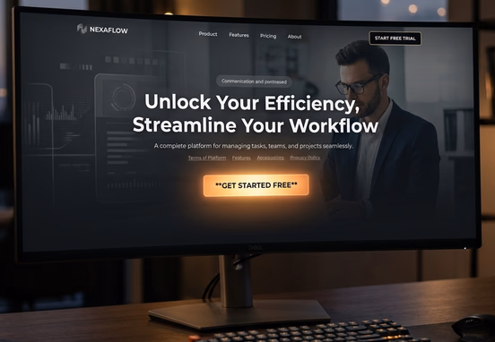 Clean modern landing page UI on monitor with sharp focus on single glowing conversion button in cinematic lighting.