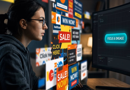 User seamlessly looking past blurred internet banner ads to focus intently on elegant teal button in dark technical aesthetic.