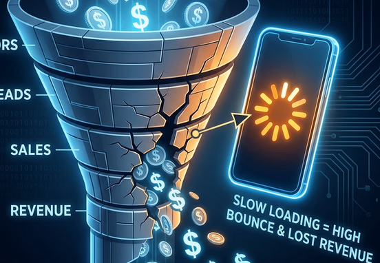 Digital conversion funnel with dollars leaking through cracks from slow loading wheel on mobile in high contrast corporate style.