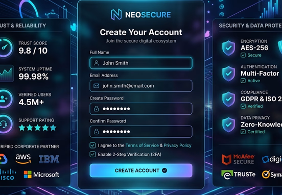 Ultra-modern user registration screen flanked by glowing 3D trust metrics, verified logos and clean security checkmarks design.
