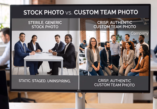 Professional split-screen monitor comparing generic stock photo with authentic custom team photo in bright modern agency setting.