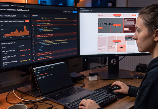 Developer workstation with dual displays showing performance audit tool flagging unoptimized image assets and broken layout warnings.