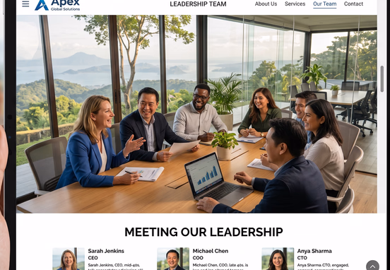 Authentic corporate leadership team collaborating in modern glass conference room displayed as meet-the-team webpage layout on tablet.