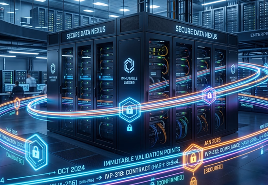 Continuous neon digital timeline wrapping around a secure corporate database showcasing immutable cryptographic validation points along the stream