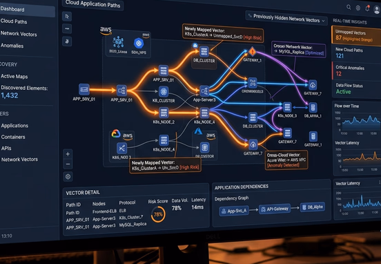 Sophisticated analytical software dashboard illuminating previously unmapped cloud application paths and hidden network vectors with clear visual highlights