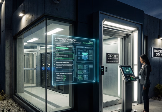 Pristine offsite data vault protected by a multi-layered cryptographic authorization matrix depicting granular secure user role permissions