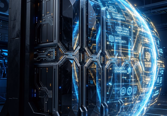 Custom-designed server infrastructure components locking together perfectly like engineered obsidian pillars projecting a glowing shield of compliance