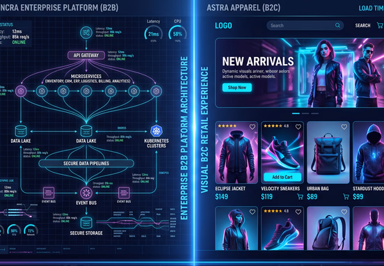 Split digital screen contrasting data-dense B2B enterprise platform with visual fast-loading B2C retail layout in dark futuristic theme.