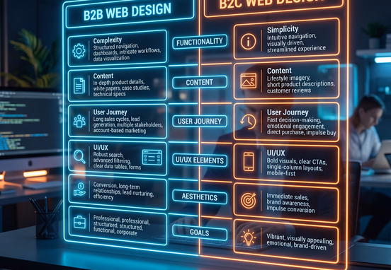 Luminous 3D comparison grid mapping user interface blocks for B2B versus B2C web design with glowing neon dividing lines in workspace.