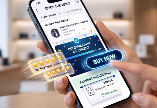 Fast-moving smartphone interface showing instantaneous checkout flow with floating 5-star review badges and glowing Buy Now buttons.