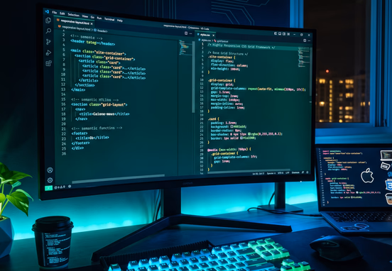Developer workstation displaying optimized semantic HTML and CSS grid code frameworks building responsive lightweight layout containers.