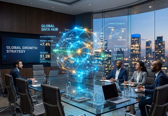 Modern executive boardroom with a glowing 3D holographic data hub hovering above a glass conference table showing connected nodes