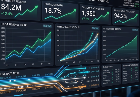 Sleek executive dashboard on a large glass screen showing real-time charts ascending trend lines and data streams moving quickly