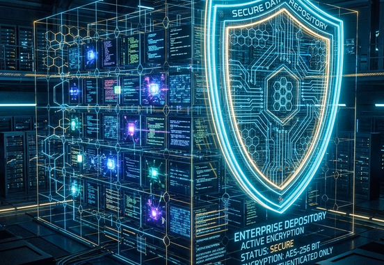 Secure enterprise digital repository featuring glowing data matrices arranged inside a geometric grid protected by a transparent neon shield