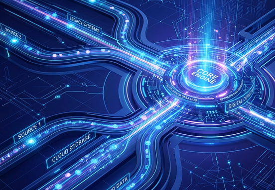Custom-engineered data pipelines merging smoothly into a centralized digital core engine showing clean architectural lines and corporate technology