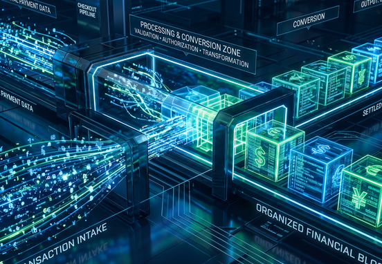 Sleek abstract 3D visualization of a digital checkout pipeline showing glowing data streams converting into organized financial blocks with clean tech aesthetic