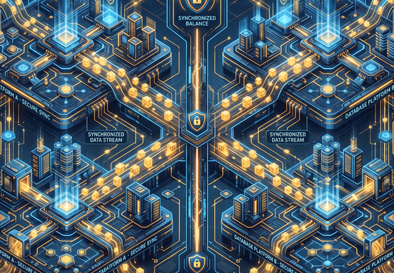 Conceptual digital database matrix showing two platforms perfectly mirrored with synchronized glowing golden data packets showcasing security and balance