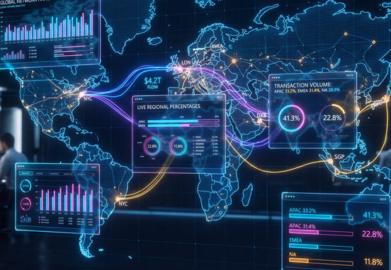 Digital world map overlay with dynamic neon lines calculating regional percentages on floating glass user interfaces in professional fin-tech style