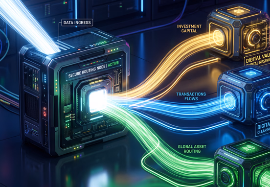 Single bright stream of light entering a secure server node and splitting smoothly into three distinct colored streams flowing into digital vaults
