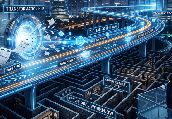 Sleek corporate digital highway where paper purchase orders transform into fast glowing data nodes bypassing a physical maze