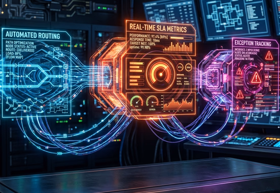 Three distinct interconnected holographic engine modules representing automated routing real-time SLA metrics and exception tracking