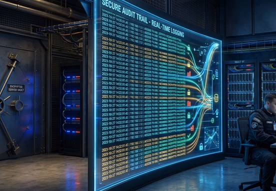 Encrypted corporate server vault displaying a brilliant transparent digital audit trail wall that logs incoming transactions securely
