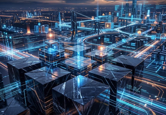 Strong geometric obsidian foundation blocks assembling seamlessly into a sprawling enterprise software architecture network projecting power and scale