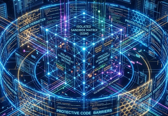 Secure isolated digital sandbox matrix surrounded by protective code barriers in glowing tech layout