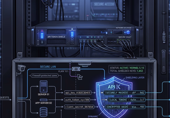 Cryptographic token shield securely masking sensitive API authentication keys within an isolated local environment