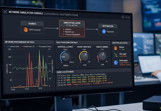 Network simulation console introducing artificial latency packet drops and timeout errors into a data pipeline