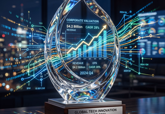 Elegant glass trophy reflecting complex network of high-speed glowing data streams and corporate valuation graphs for business success