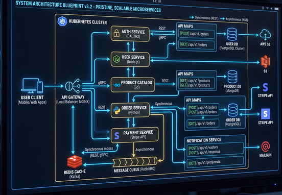 Pristine technical system architecture blueprint glowing with clean data paths and meticulous API maps on dark screen for enterprise
