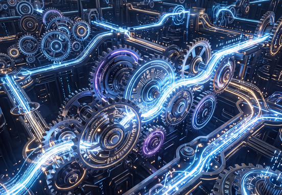 Automated algorithmic gears network seamlessly processing luminous data without human interference, symbolizing pure structural autonomy