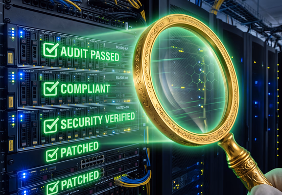 Golden magnifying lens scanning highly organized enterprise server rack with glowing green compliance checkmarks for regulatory audit