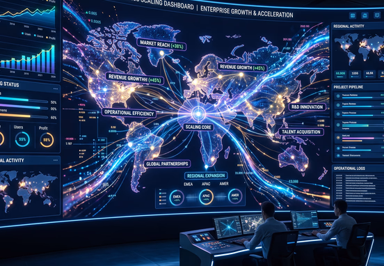 Modern sleek digital command center dashboard featuring abstract glowing data streams and interconnected nodes symbolizing scalable business growth and connectivity