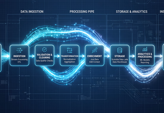 Clean minimalist blueprint flowchart depicting business data flowing seamlessly through automated pipeline stages with bright luminous light trails