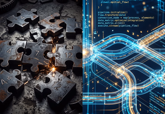 Rigid metallic puzzle pieces failing to connect contrasted against fluid glowing matrix of custom-engineered code pipelines and digital infrastructure
